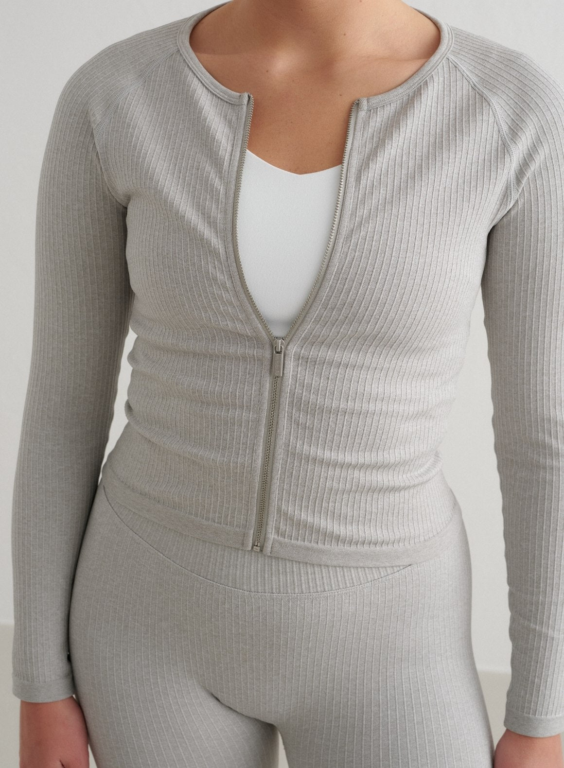Co Activewear - Grey Melange Ribbed Seamless Zip Jacket third image